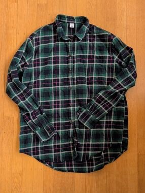 Old Navy Green, Black & Pink Plaid Button-Front Shirt